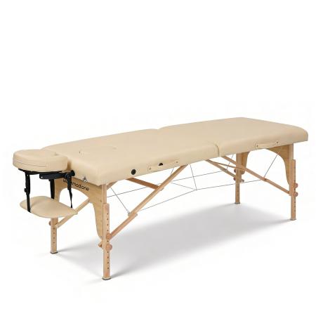 Mobile höhenverstellbare Massagebank mit Holzgestell, Kopfstütze, Armlehnen und Tragetasche