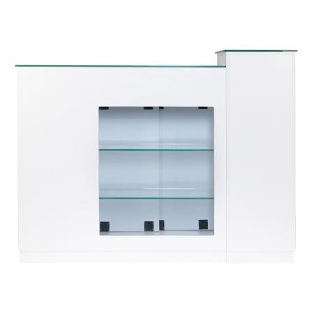 Empfangstheke in weiß mit integrierter Glasvitrine