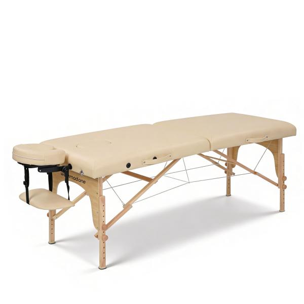 Mobile höhenverstellbare Massagebank mit Holzgestell, Kopfstütze, Armlehnen und Tragetasche