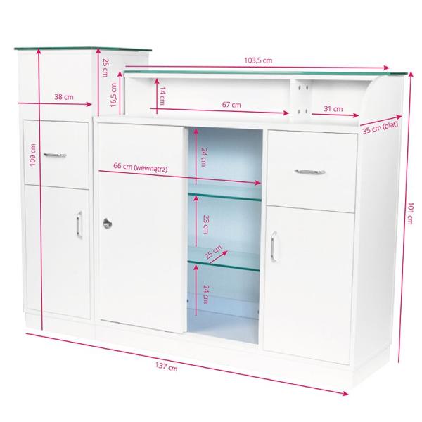 Empfangstheke in weiß mit integrierter Glasvitrine